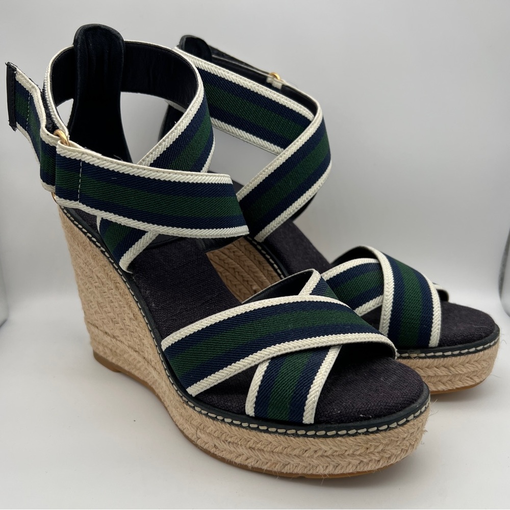 TORY BURCH Frieda Striped Espadrille Wedge Sandals - Green Blue Stripe - Sz 7.5 - Picture 4 of 11